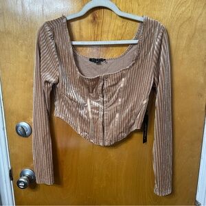 Haute Monde Beige Velvet Ribbed Blouse